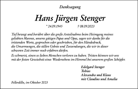 Traueranzeige von Hans Jürgen Stenger von Dill Block