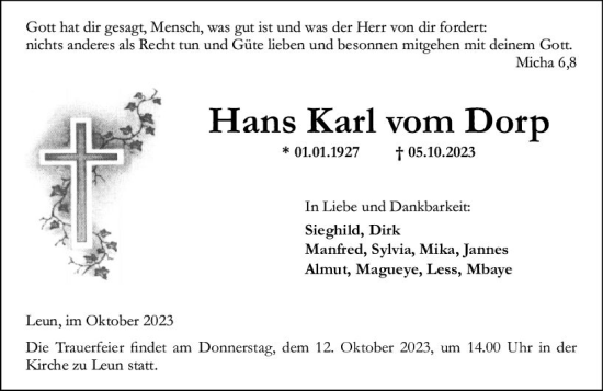 Traueranzeige von Hans Karl vom Dorp von Wetzlarer Neue Zeitung