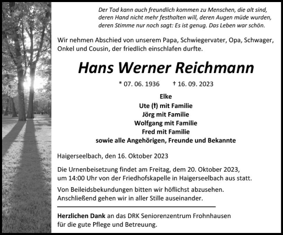 Traueranzeige von Hans Werner Reichmann von Dill Block