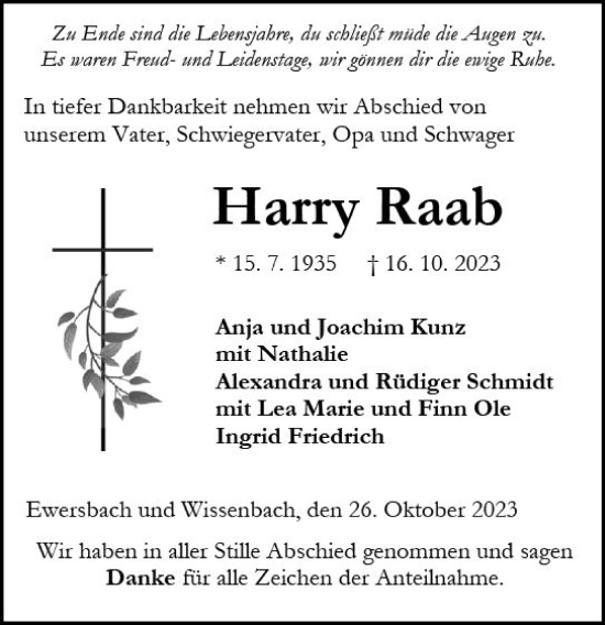 Traueranzeige von Harry Raab von Dill Block
