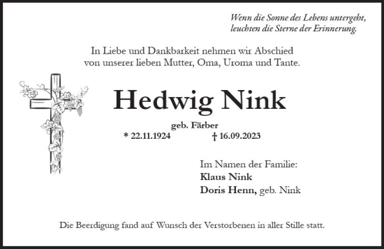 Traueranzeige von Hedwig Nink von Wiesbadener Kurier