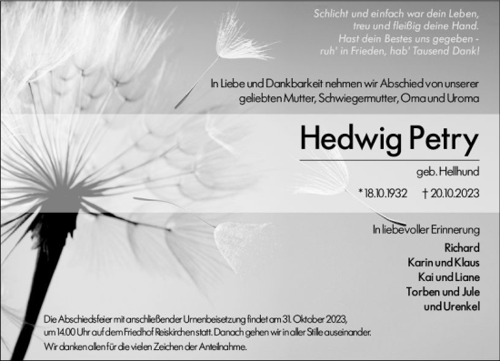 Traueranzeige von Hedwig Petry von Wetzlarer Neue Zeitung