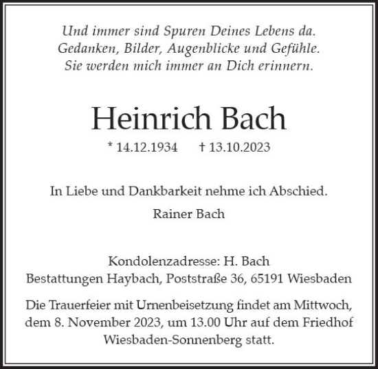 Traueranzeige von Heinrich Bach von Wiesbadener Kurier