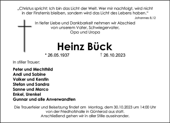 Traueranzeige von Heinz Bück von Hinterländer Anzeiger