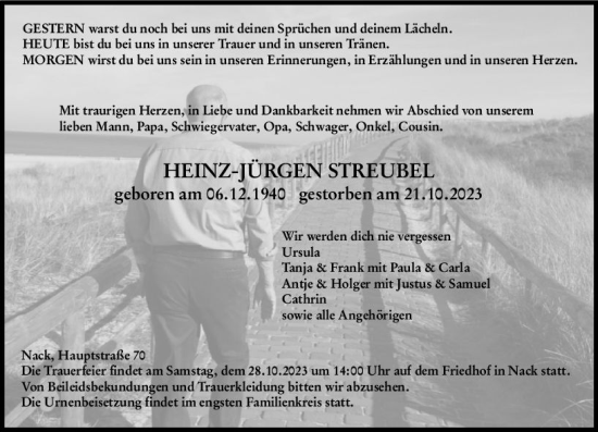 Traueranzeige von Heinz-Jürgen Streubel von Allgemeine Zeitung Alzey