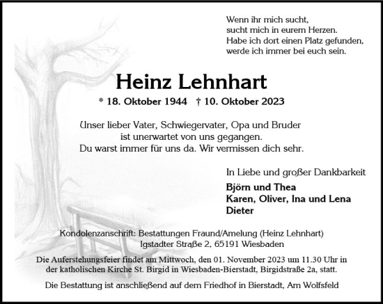 Traueranzeige von Heinz Lehnhart von Wiesbadener Kurier