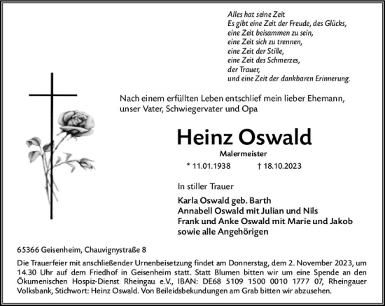 Traueranzeige von Heinz Oswald von Rheingau Kurier