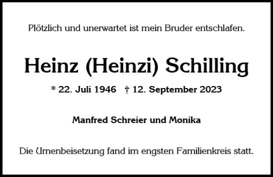 Traueranzeige von Heinz Schilling von Wiesbadener Kurier