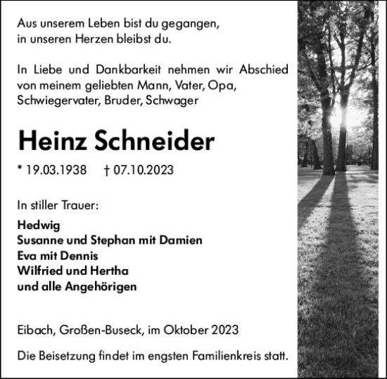 Traueranzeige von Heinz Schneider von Dill Block