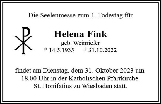 Traueranzeige von Helena Fink von Wiesbadener Kurier