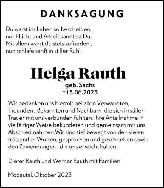Traueranzeige von Helga Rauth von Darmstädter Echo