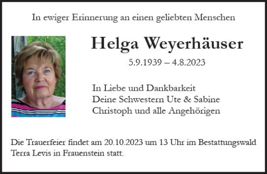 Traueranzeige von Helga Weyerhäuser von Wiesbadener Kurier