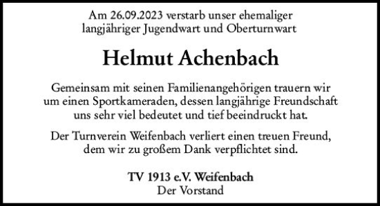 Traueranzeige von Helmut Achenbach von Hinterländer Anzeiger