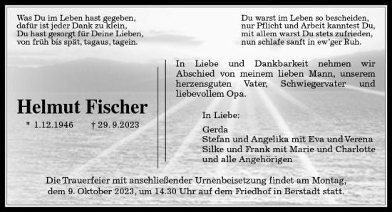 Traueranzeige von Helmut Fischer von VRM Trauer