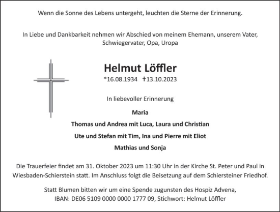Traueranzeige von Helmut Löffler von Wiesbadener Kurier
