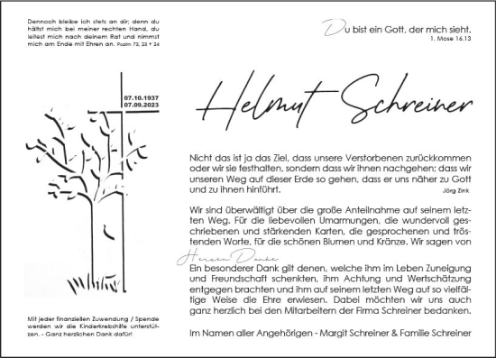 Traueranzeige von Helmut Schreiner von Hinterländer Anzeiger
