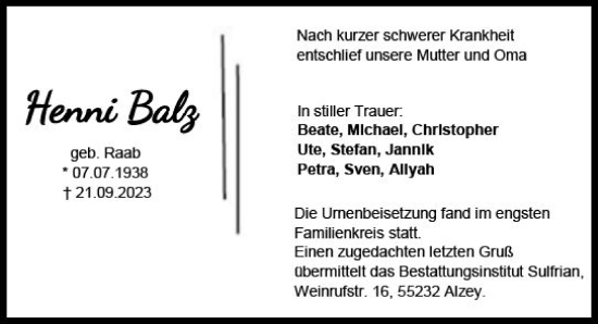 Traueranzeige von Henni Balz von Allgemeine Zeitung Alzey
