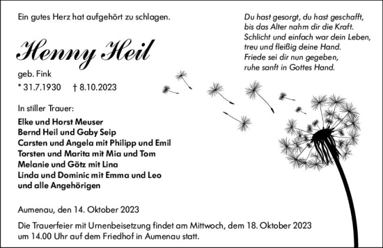 Traueranzeige von Henny Heil von Weilburger Tageblatt