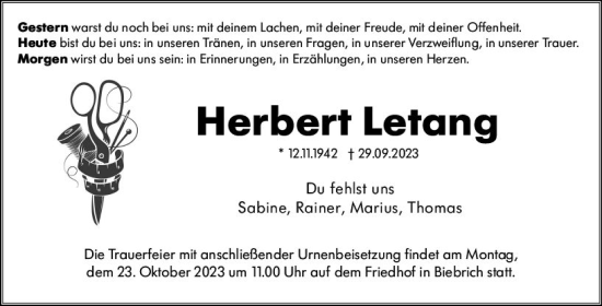 Traueranzeige von Herbert Letang von Wiesbadener Kurier