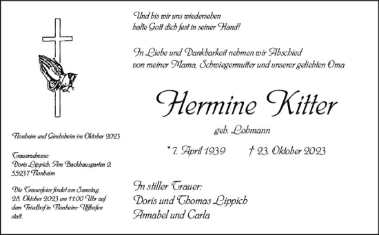 Traueranzeige von Hermine Kitter von Allgemeine Zeitung Alzey