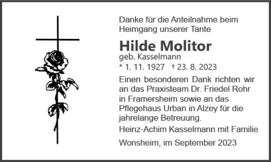 Traueranzeige von Hilde Molitor von Allgemeine Zeitung Alzey