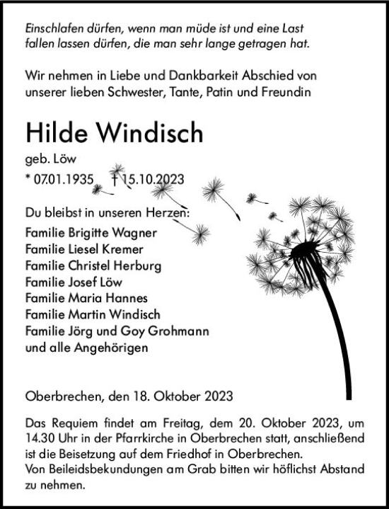 Traueranzeige von Hilde Windisch von Camberger Anzeiger