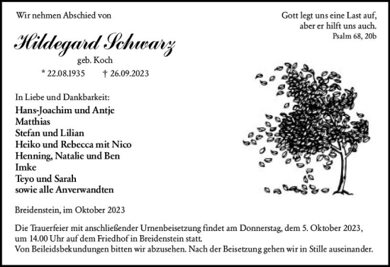Traueranzeige von Hildegard Schwarz von Hinterländer Anzeiger