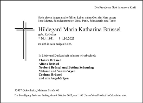 Traueranzeige von Hildegard Maria Katharina Brüssel von Allgemeine Zeitung Bingen/Ingelheim