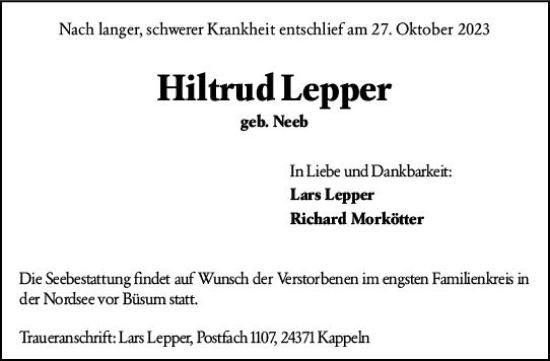 Traueranzeige von Hiltrud Lepper von Wetzlarer Neue Zeitung