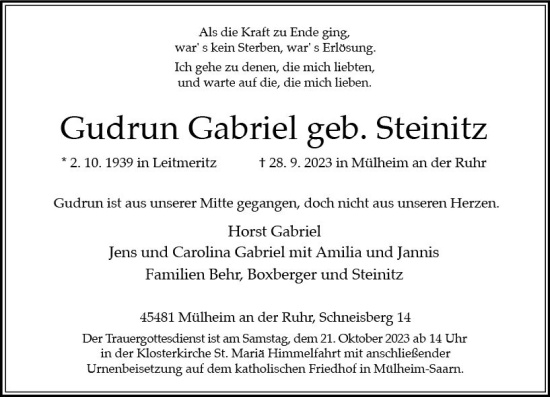 Traueranzeige von Horst Gabriel von Wiesbadener Kurier