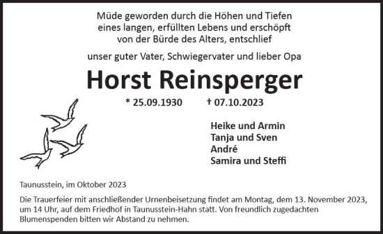 Traueranzeige von Horst Reinsperger von Wiesbadener Kurier
