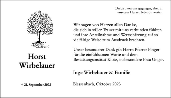 Traueranzeige von Horst Wirbelauer von Weilburger Tageblatt