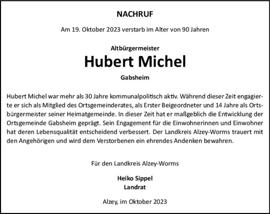 Traueranzeige von Hubert Michel von Allgemeine Zeitung Alzey