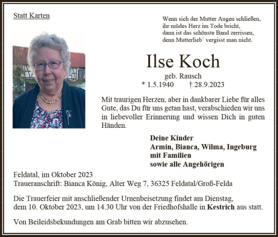Traueranzeige von Ilse Koch von Oberhessen Kurier
