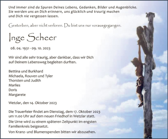 Traueranzeige von Inge Scheer von Wetzlarer Neue Zeitung