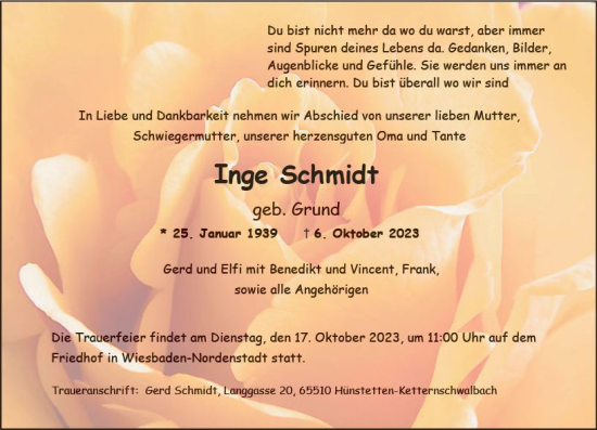 Traueranzeige von Inge Schmidt von Wiesbadener Kurier
