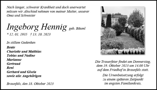 Traueranzeige von Ingeborg Hennig von Wetzlarer Neue Zeitung