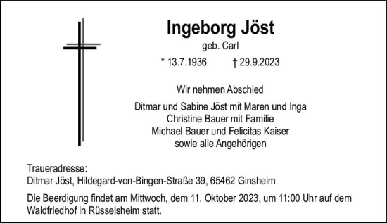 Traueranzeige von Ingeborg Jöst von Rüsselsheimer Echo