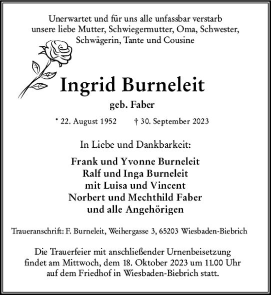 Traueranzeige von Ingrid Burneleit von Wiesbadener Kurier