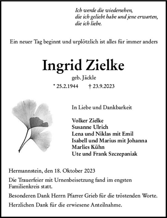 Traueranzeige von Ingrid Zielke von Wetzlarer Neue Zeitung