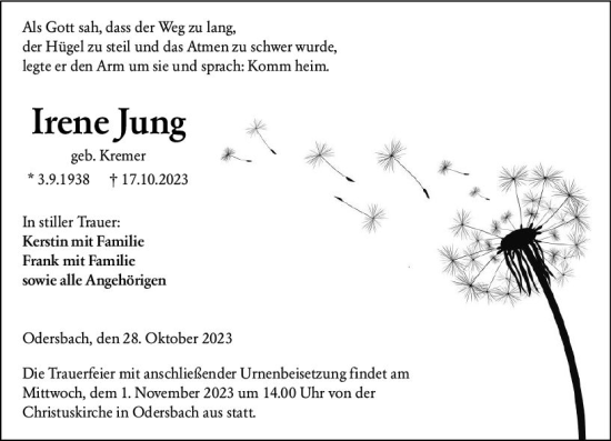 Traueranzeige von Irene Jung von Weilburger Tageblatt