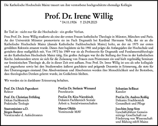 Traueranzeige von Irene Willig von Allgemeine Zeitung Mainz