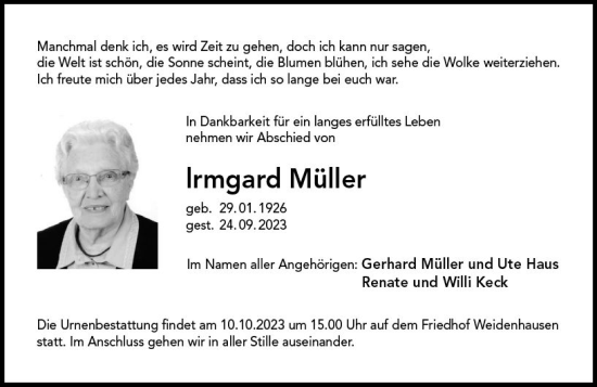 Traueranzeige von Irmgard Müller von Hinterländer Anzeiger