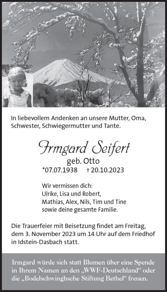Traueranzeige von Irmgard Seifert von Idsteiner Land/Untertaunus
