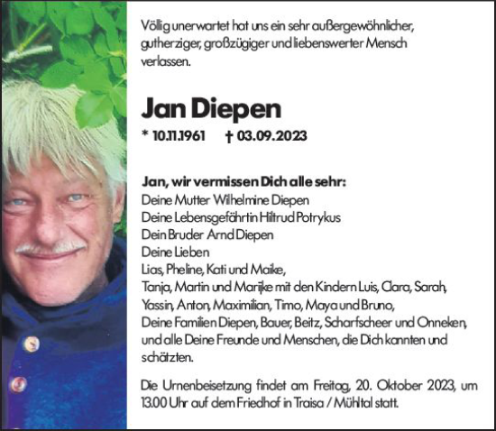 Traueranzeige von Jan Diepen von Darmstädter Echo