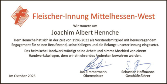 Traueranzeige von Joachim Albert Hennche von Dill Block