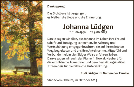 Traueranzeige von Johanna Lüdgen von Allgemeine Zeitung Bingen/Ingelheim