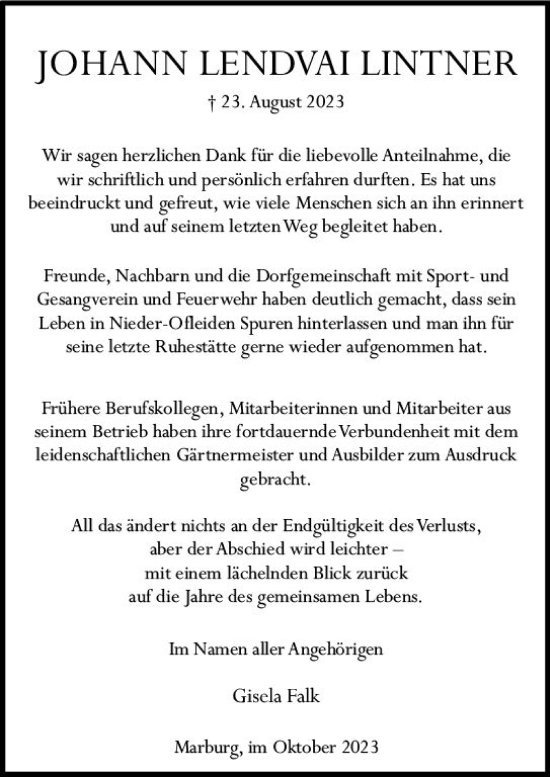 Traueranzeige von Johann Lendvai Lintner von VRM Trauer