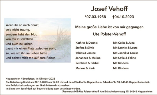 Traueranzeige von Josef Vehoff von Starkenburger Echo