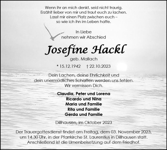 Traueranzeige von Josefine Hackl von Weilburger Tageblatt